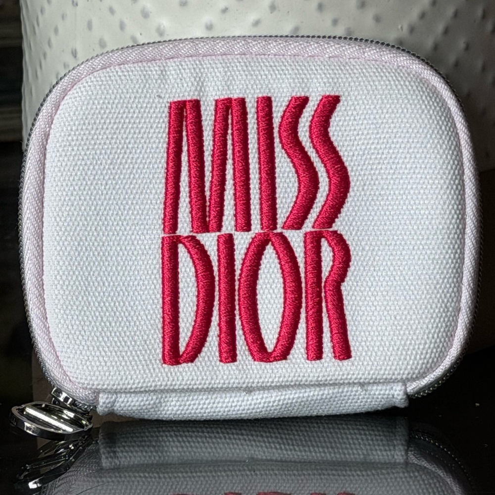 Dior White Canvas Pouch with Pink Embroidered Logo